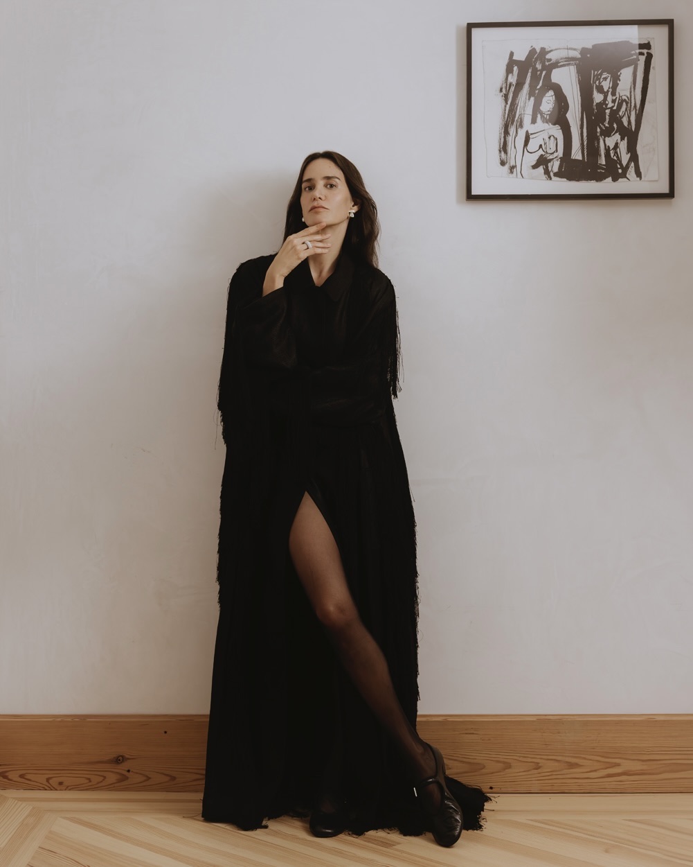 Ana Khouri earrings with 3.22-and 3.17-carat white diamonds, and the Phillipa Ring with 8.8 carats of white diamonds, all in 18K Fairminedgold. Fforme coat and Khouri’s own shoes.