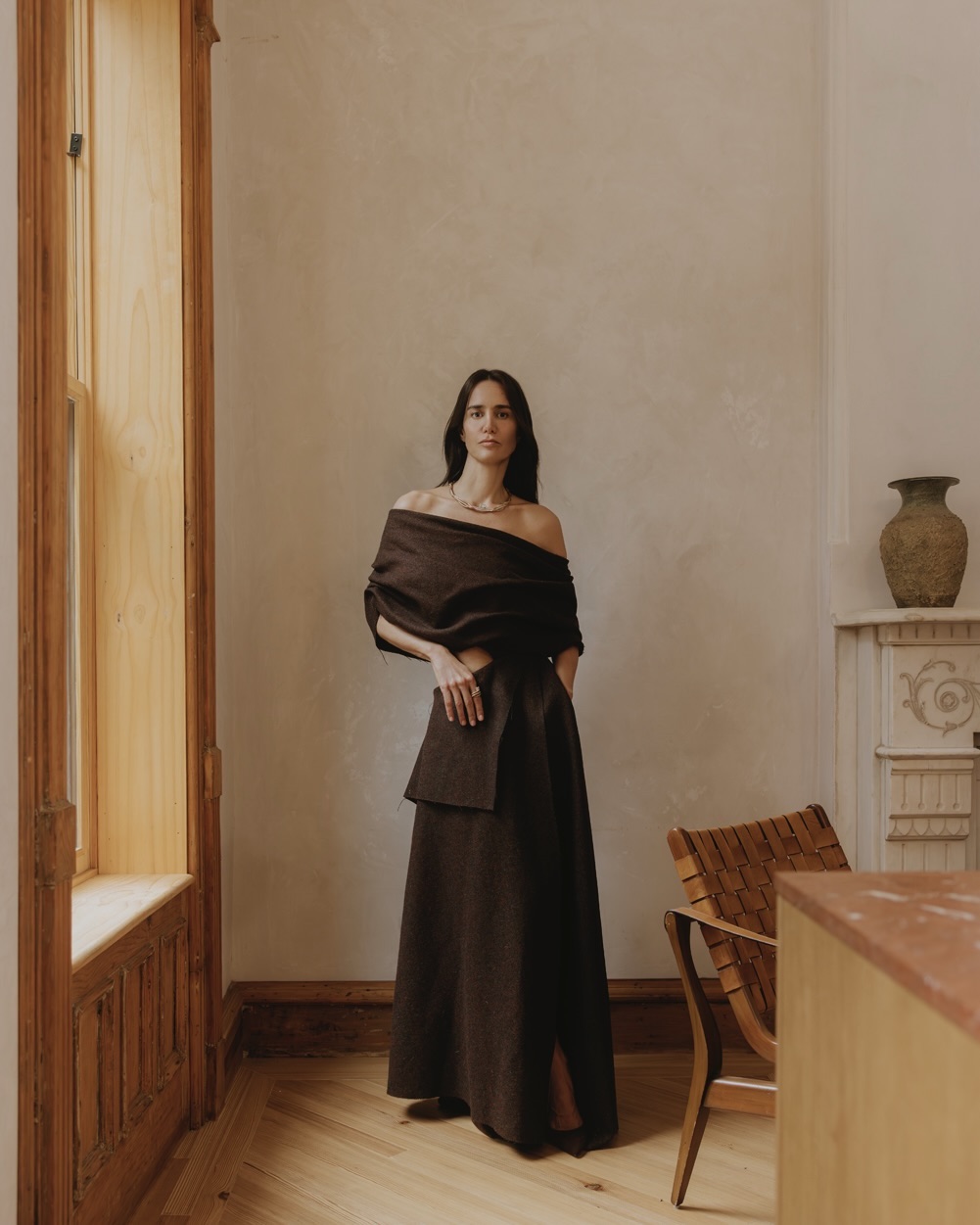 Ana Khouri necklace with an 8.67-carat white diamond and ring with a 2.02-carat white diamond, both in white diamond settings and 18K Fairmined gold. Diotima dress and Gianvito Rossi shoes.