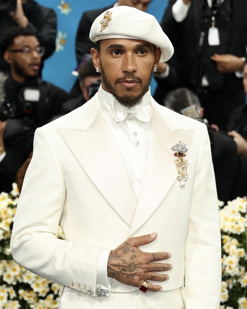 Lewis Hamilton wore diamond cufflinks at the 2025 Met Gala on May 05, 2025 in New York City. (Getty Images)