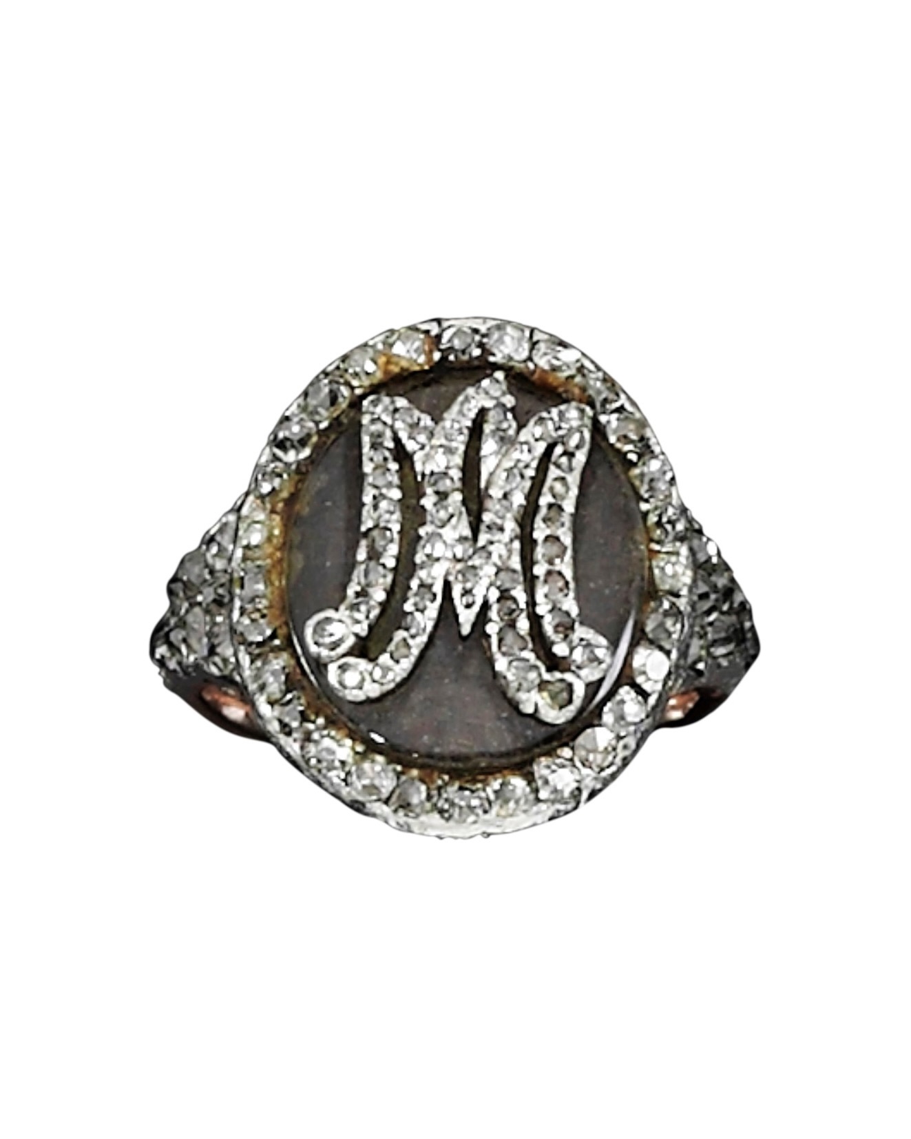 Marie Antoinette's 18th Century Diamond and Woven Hair Initial Ring features her "M.A" monogram in rose-cut diamonds. (Courtesy of Sotheby’s)