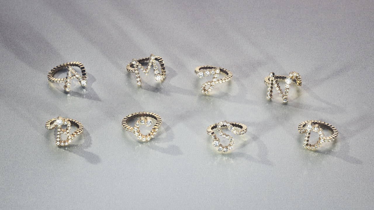 Sophie Bille Brahe's Lettre de Lumière collection includings natural diamond initial ring, rendered in the designer's own handwriting.