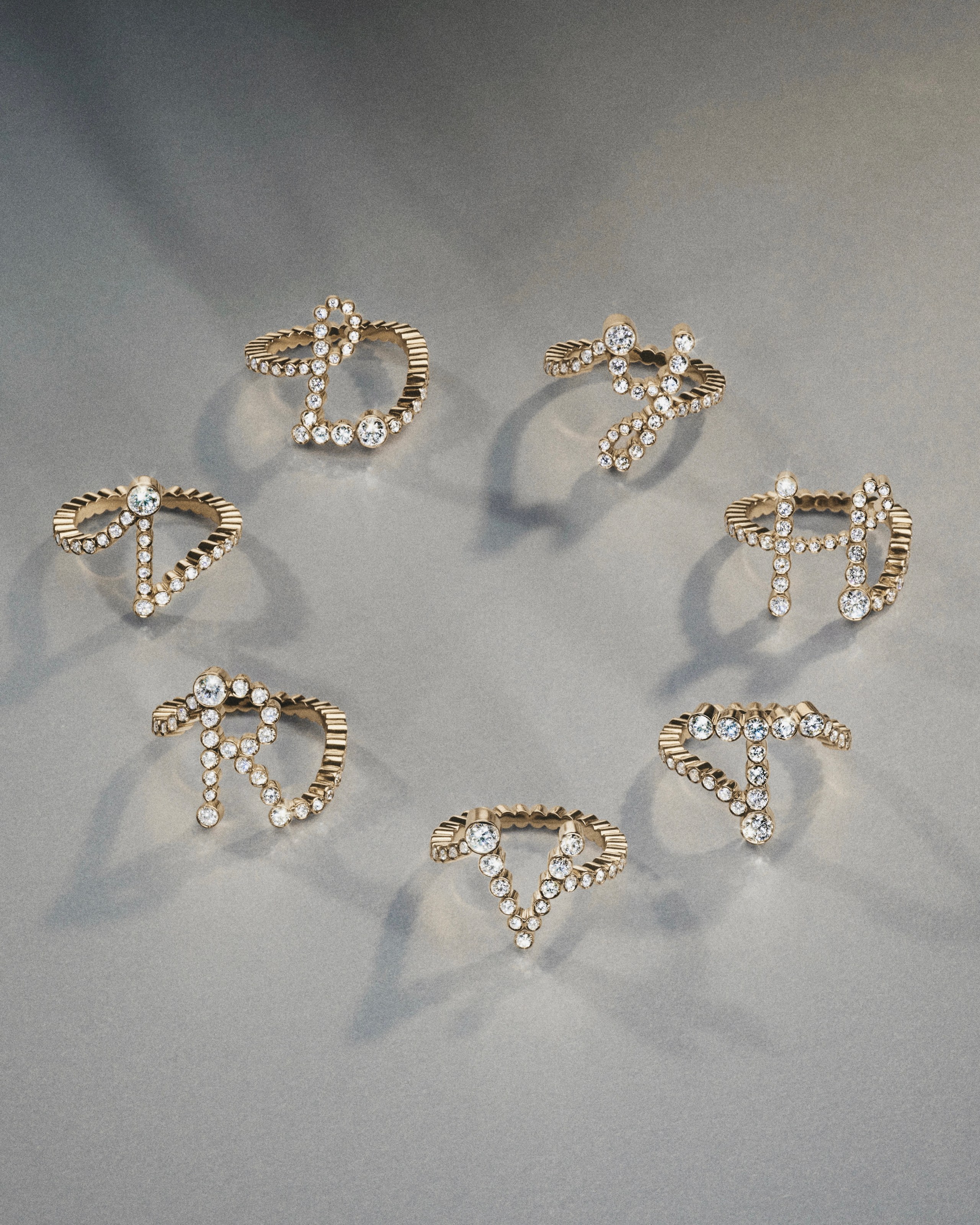 Sophie Bille Brahe's Lettre de Lumière collection includings natural diamond initial ring, rendered in the designer's own handwriting.