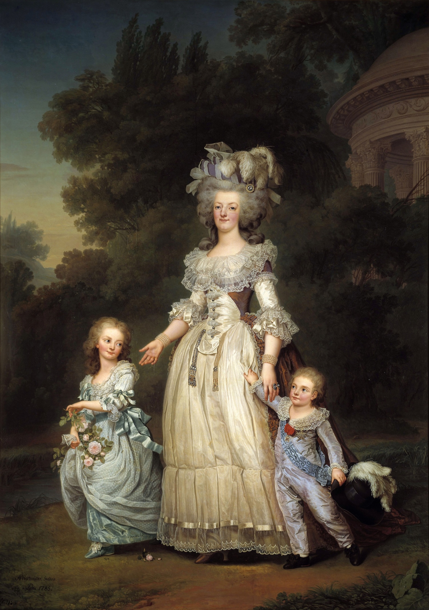 Marie Antoinette's Jewelry: Portrait of Queen Marie Antoinette of France with her daughter Marie-Thérèse and son, the first Dauphin Louis Joseph Xavier Francois, by Adolf Ulrich Wertmuller