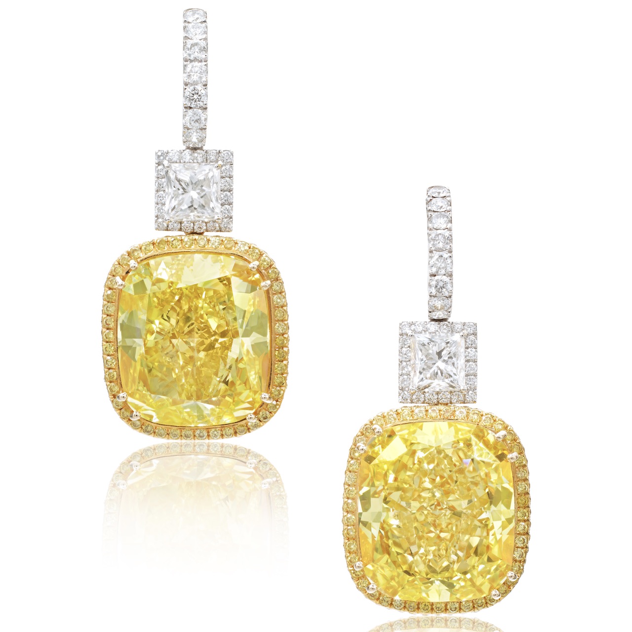 Sotheby's Geneva: Schreiner Important Pair of Fancy Vivid Yellow Diamond and Diamond Pendent Earrings