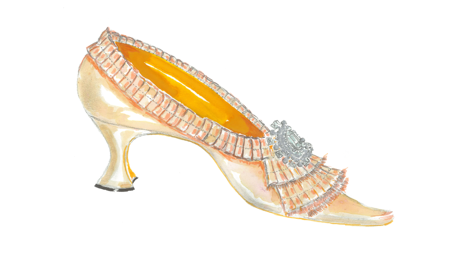 Capsule sketch of a Marie Antoinette-inspired style design by Manolo Blahnik for the Marie Antoinette Style exhibition at the V&A