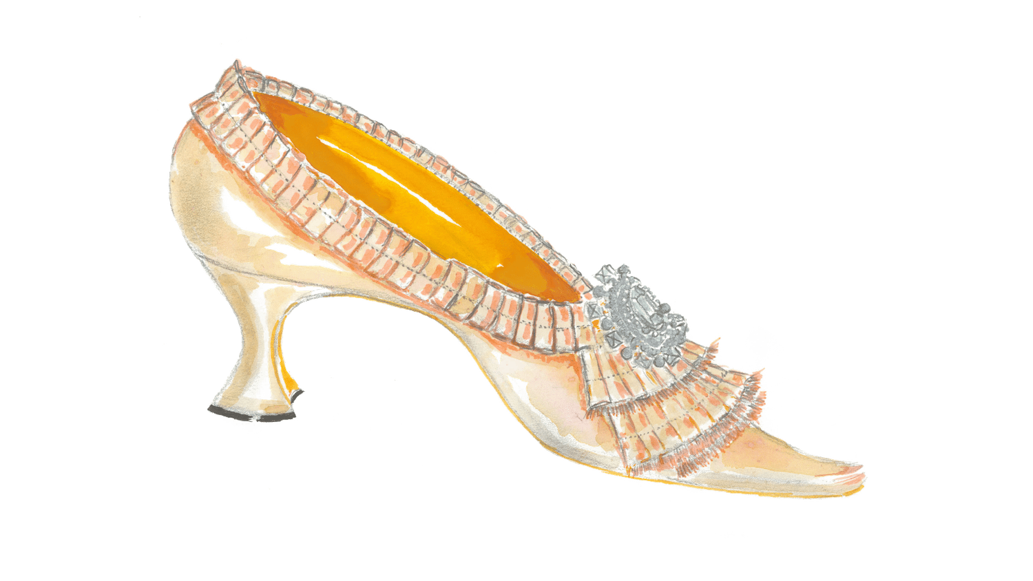 Capsule sketch of a Marie Antoinette-inspired style design by Manolo Blahnik for the Marie Antoinette Style exhibition at the V&A