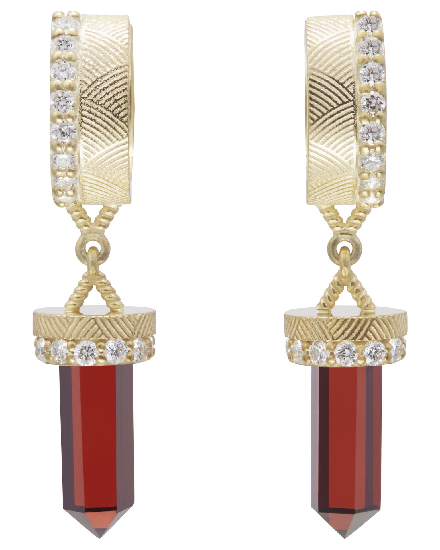 Garnet, Diamond, and Gold Huggie Earrings from the Nova Collection (Courtesy of House of Harlow)