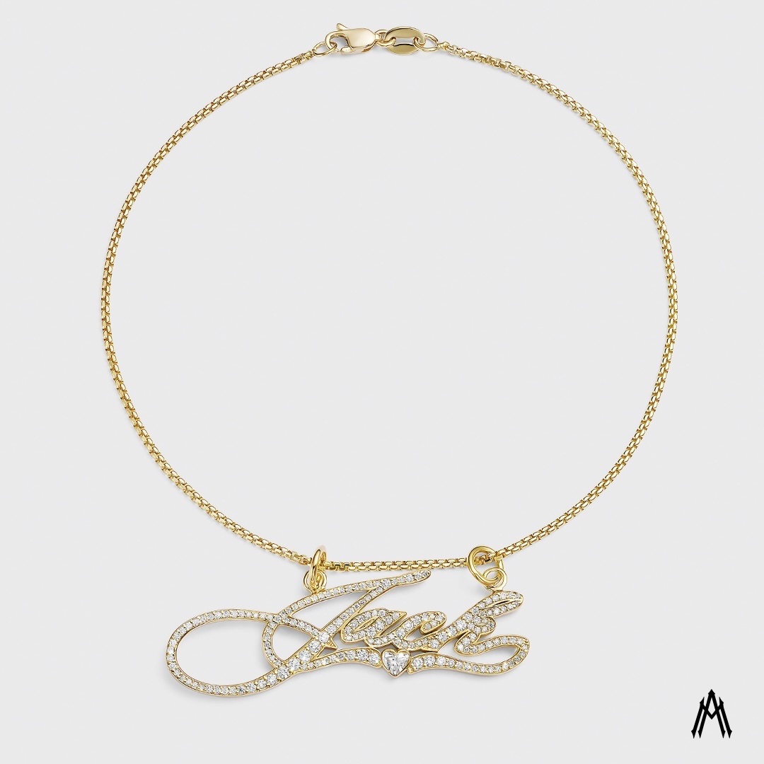 Hailey Bieber's diamond "Jack" nameplate anklet by Alex Moss. 