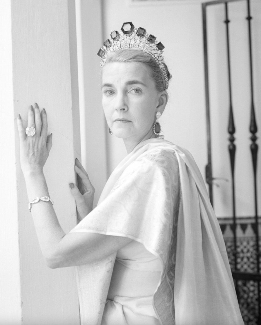 Barbara Hutton wears the Pasha Diamond ring and the Vladimir Emeralds Tiara.