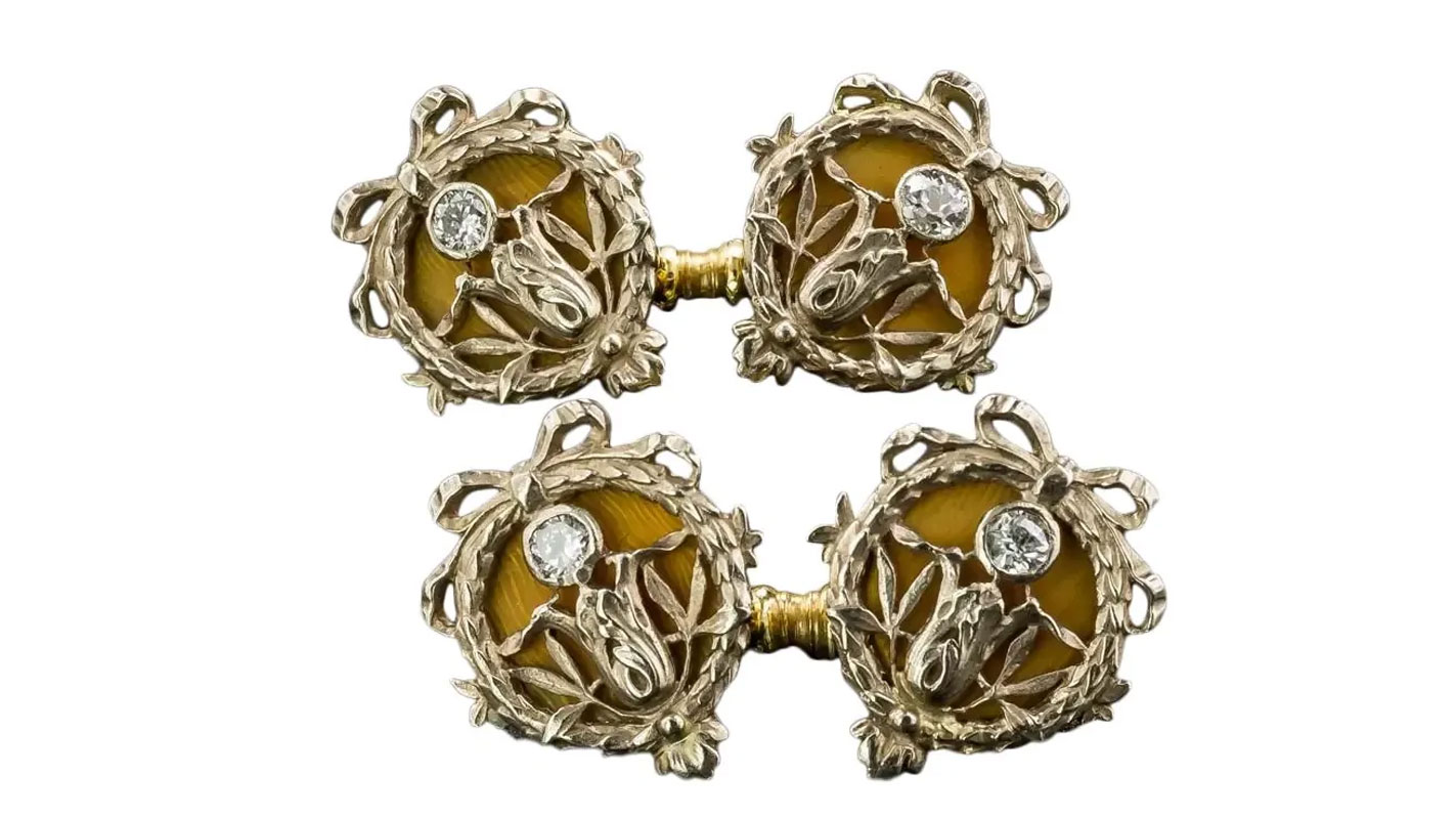 French/Russian Art Nouveau Enameled Diamond Cufflinks
