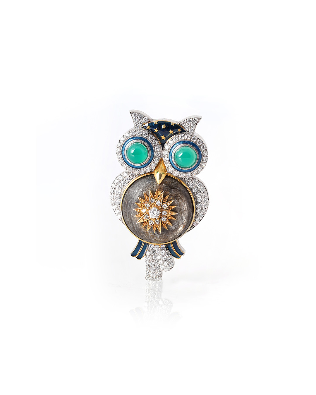 Owl-shaped diamond and turquoise brooch