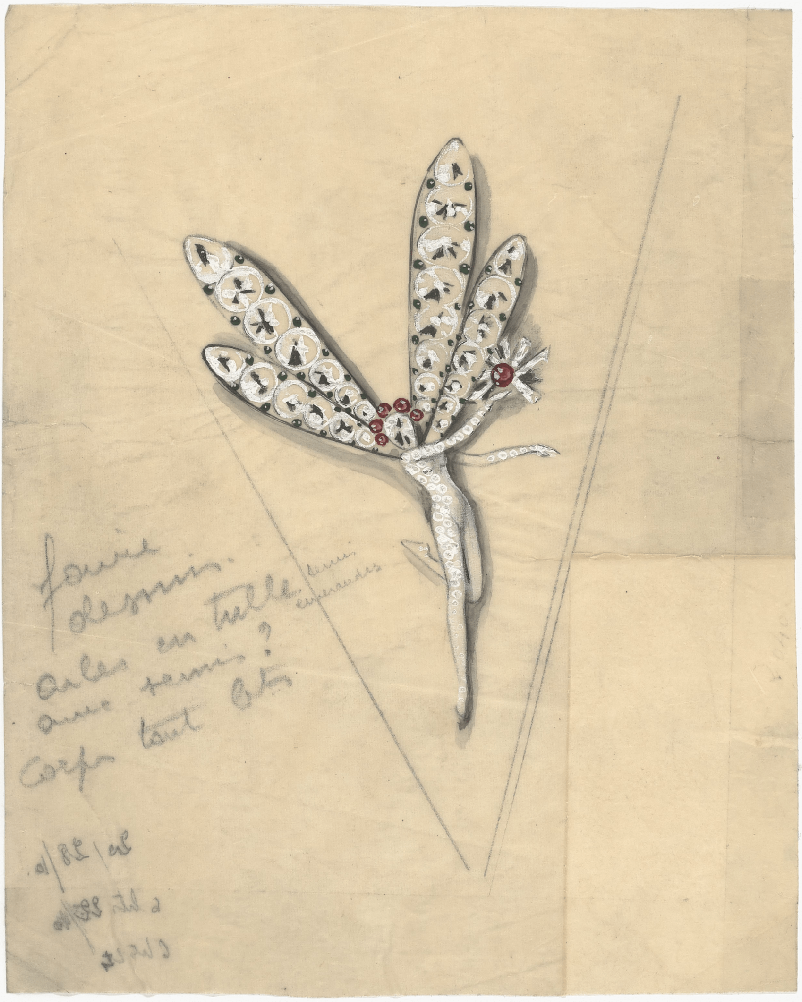Sketch of the Van Cleef & Arpels platinum, diamond, emerald and ruby  "Winged Fairy" clip, owned by Barbara Hutton (Courtesy of Van Cleef & Arpels)
