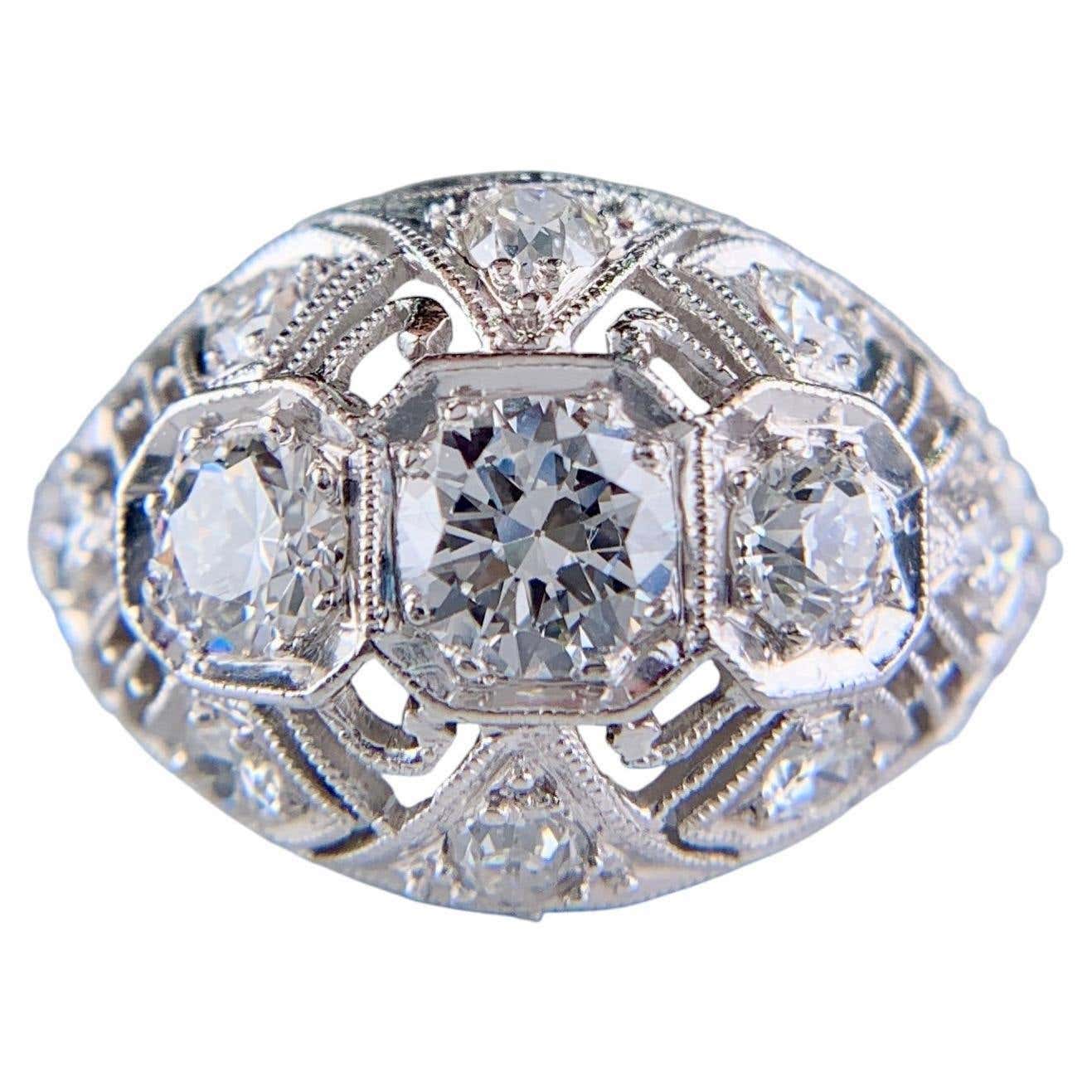 Chunky Rings: Antique 1925 Art Deco Old European Cut Diamond Bombe Ring Platinum $4,500