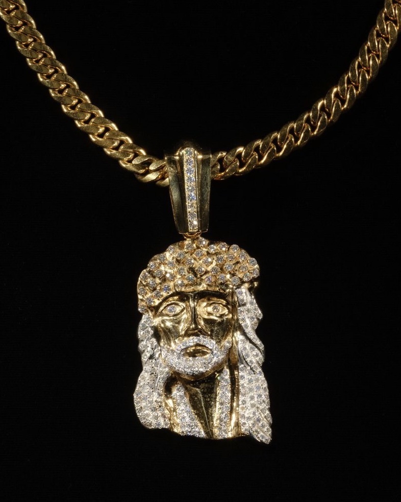 The Notorious B.I.G. commissioned this Jesus pendant in the mid-1990s from Tito Caicedo of Manny’s New York, and Tito made three copies for Biggie, all cast from the same mold as this gold artist’s proof. (Ice Cold Exhibit at the American Museum of Natural History)