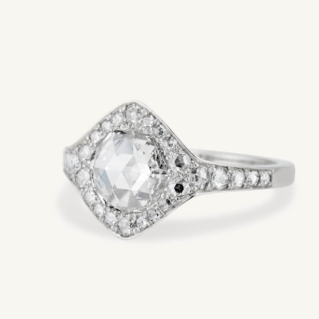 Rose cut diamond engagement ring, featuring antique cut diamonds