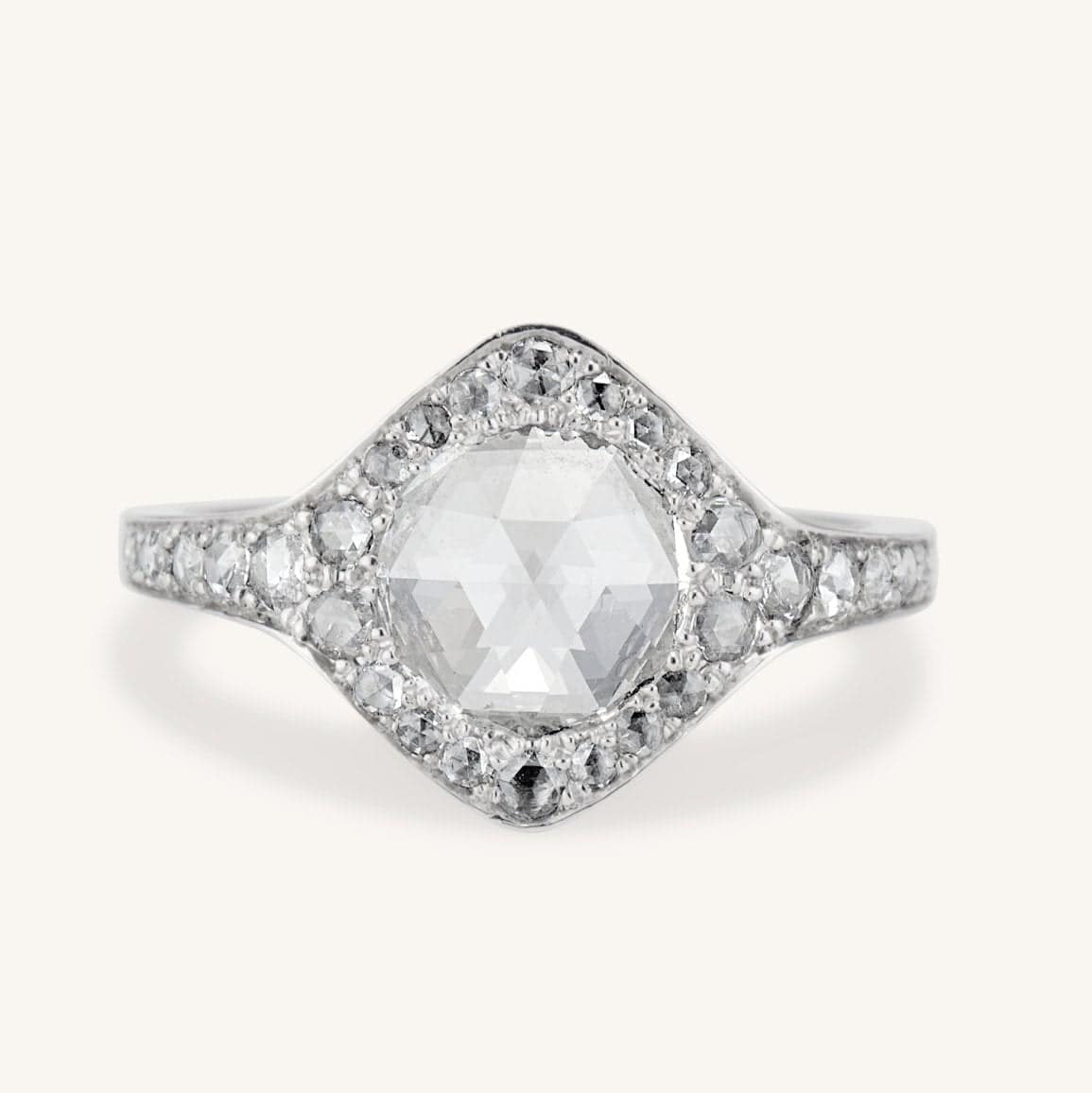 Rose cut diamond engagement ring, featuring antique cut diamonds