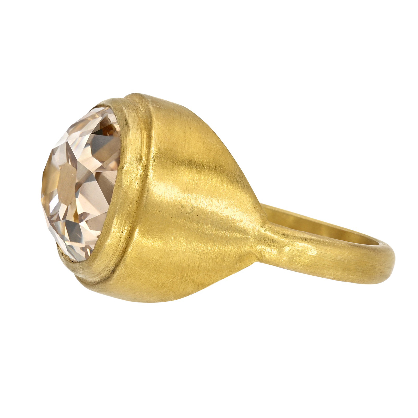 One-of-a-kind fancy orange brown diamond engagement ring featuring antique diamond cuts