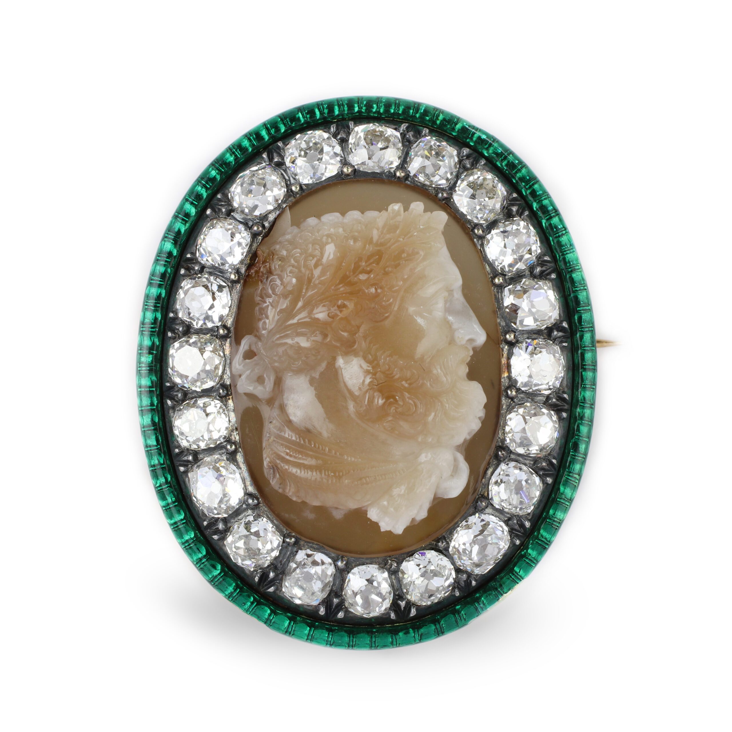 FD Gallery Agate Cameo, Enamel and Diamond Brooch