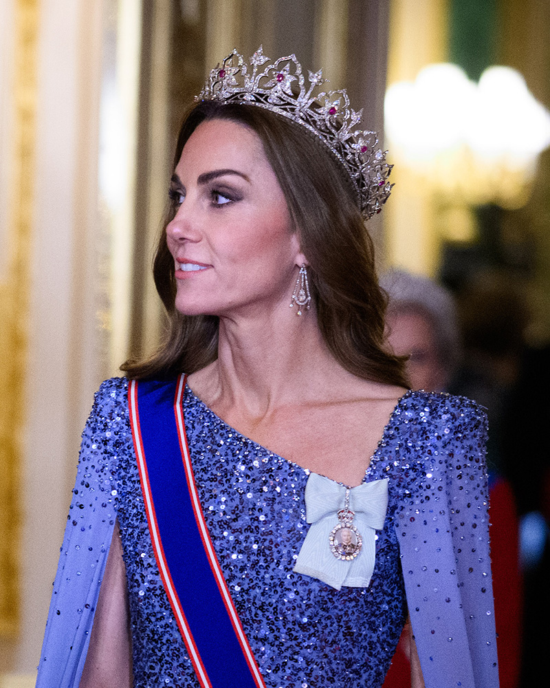 The Princess of Wales wears Queen Victoria’s Oriental Circlet Tiara at the state banquet for the German President Frank-Walter Steinmeier at Windsor Castle on December 3, 2025. (Getty Images)