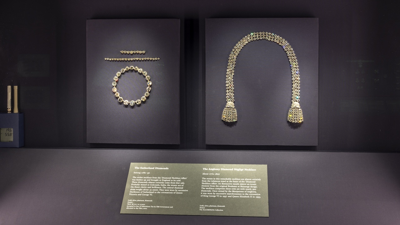 Step Inside the Glittering World of Marie Antoinette Style and the Jewels That Define It 7 Photo of the Sutherland Diamonds and the Anglesey Necklace on display in the Marie Antoinette Style exhibition
