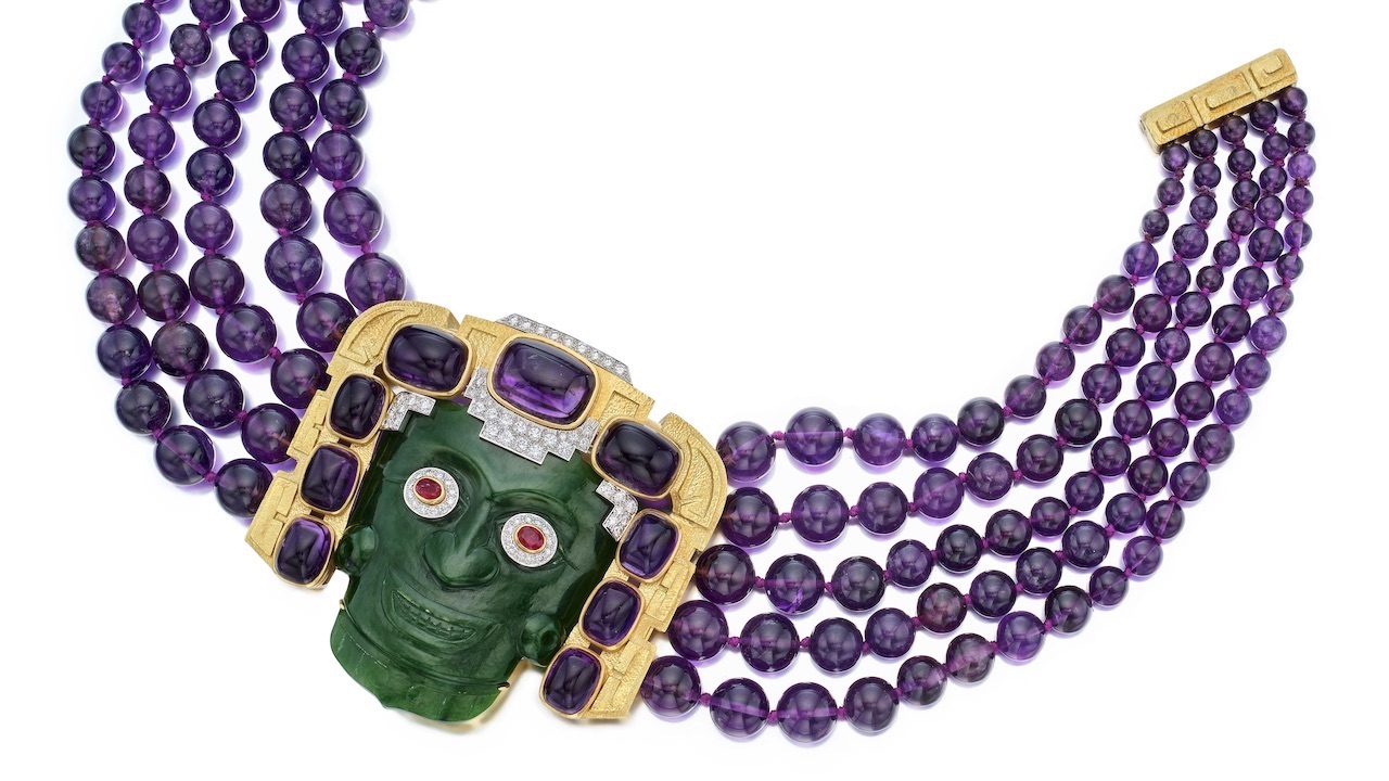 Sotheby's Auction at the Breuer Building Uta Ortiz-Patino David Webb, Nephrite, Amethyst, Ruby, and Diamond 'Demon Mask' Necklace-Brooch Combination