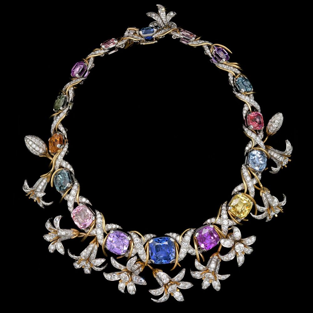 The Jasmine Necklace (1962). Designed by Jean Schlumberger for Bunny Mellon and crafted from 16,000 Kashmir sapphires collected by Tiffany & Co. over 20–30 years. 