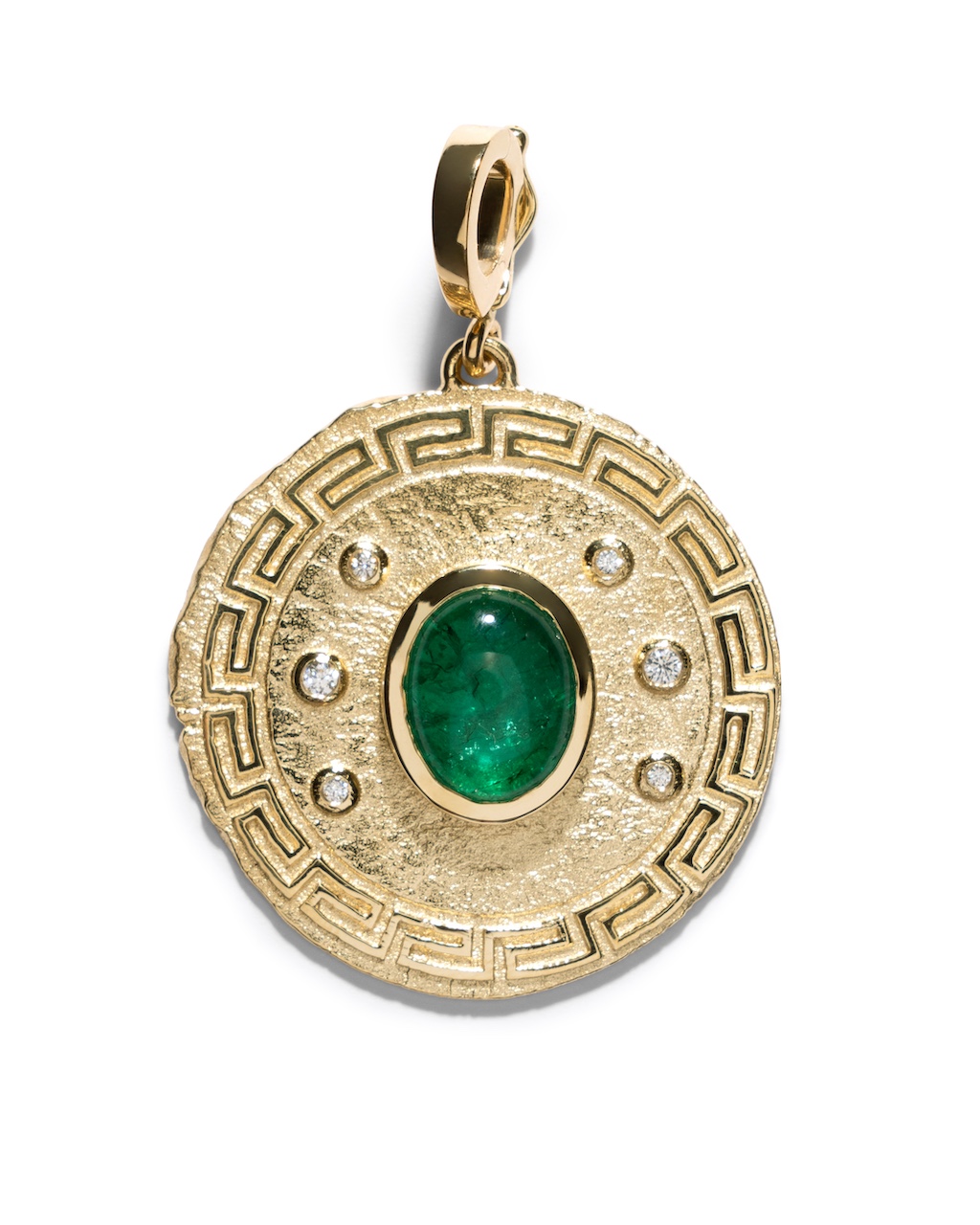 Azlee Gold Greek Pattern and Emerald Large Coin Pendant with Diamaonds