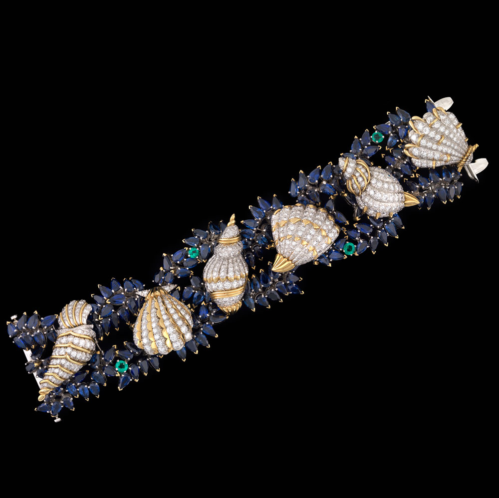 Bunny Mellon's jewelry: Jean Schlumberger (French, 1907–1987) Shells, 1958, Platinum,18 karat gold, diamond, sapphire and emeralds 