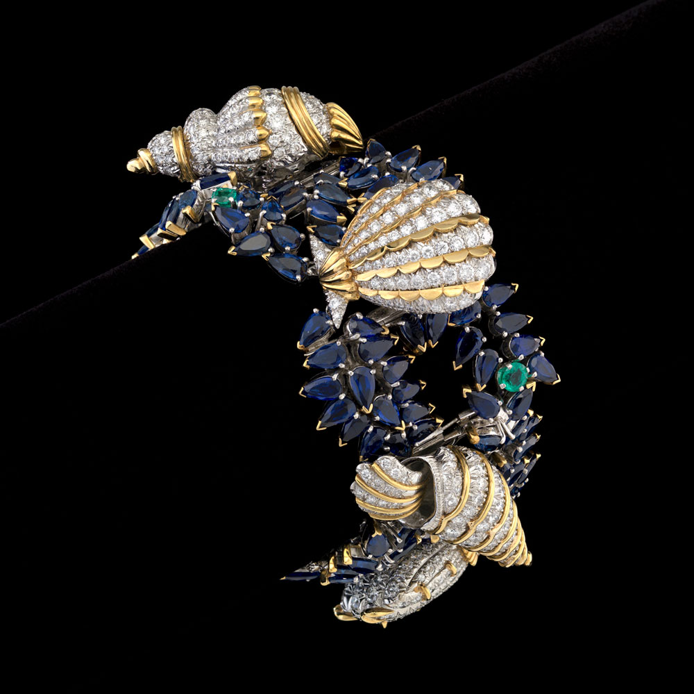 Bunny Mellon's jewelry: Jean Schlumberger (French, 1907–1987) Shells, 1958, Platinum,18 karat gold, diamond, sapphire and emeralds 