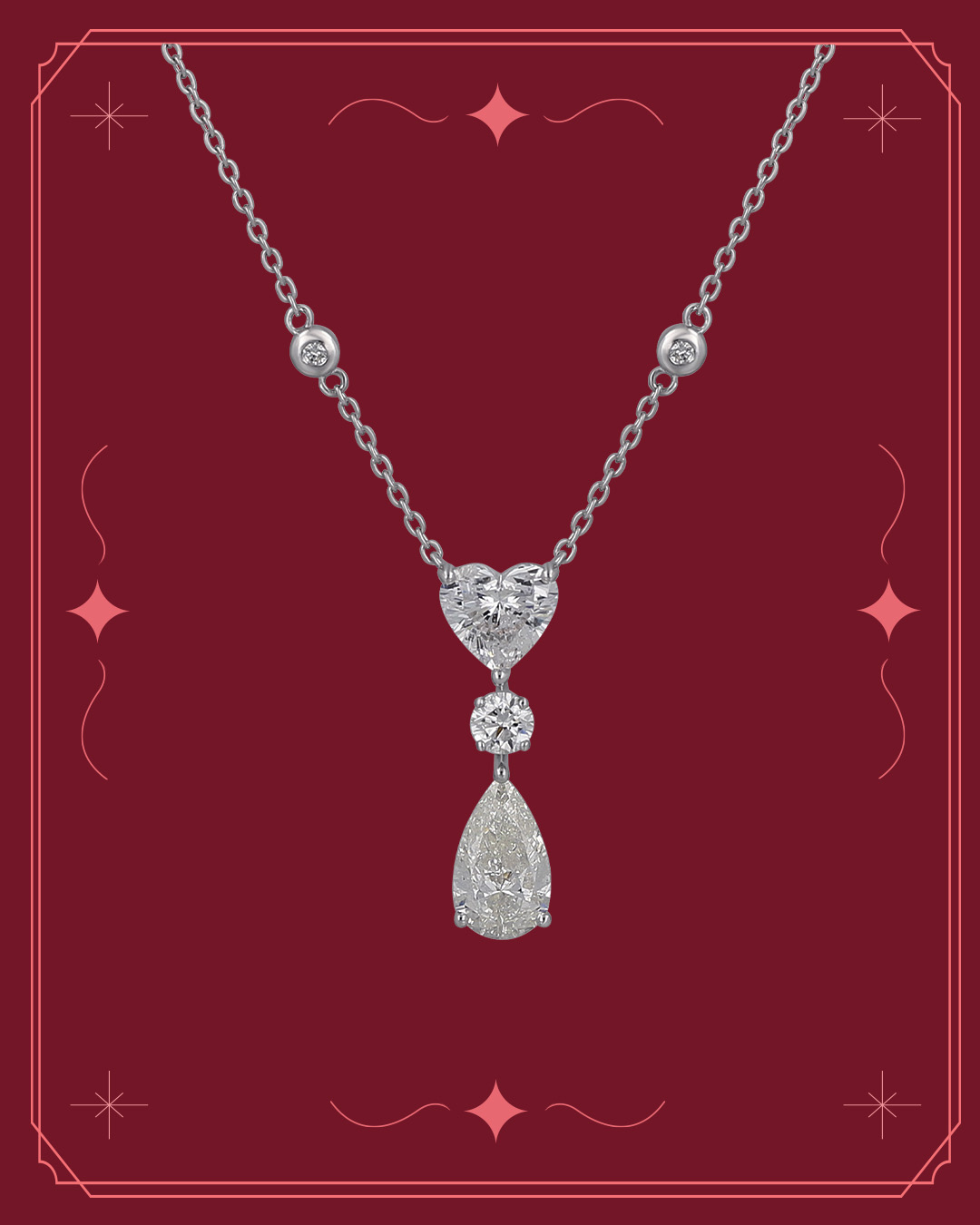 Silver heart-shaped diamond drop pendant