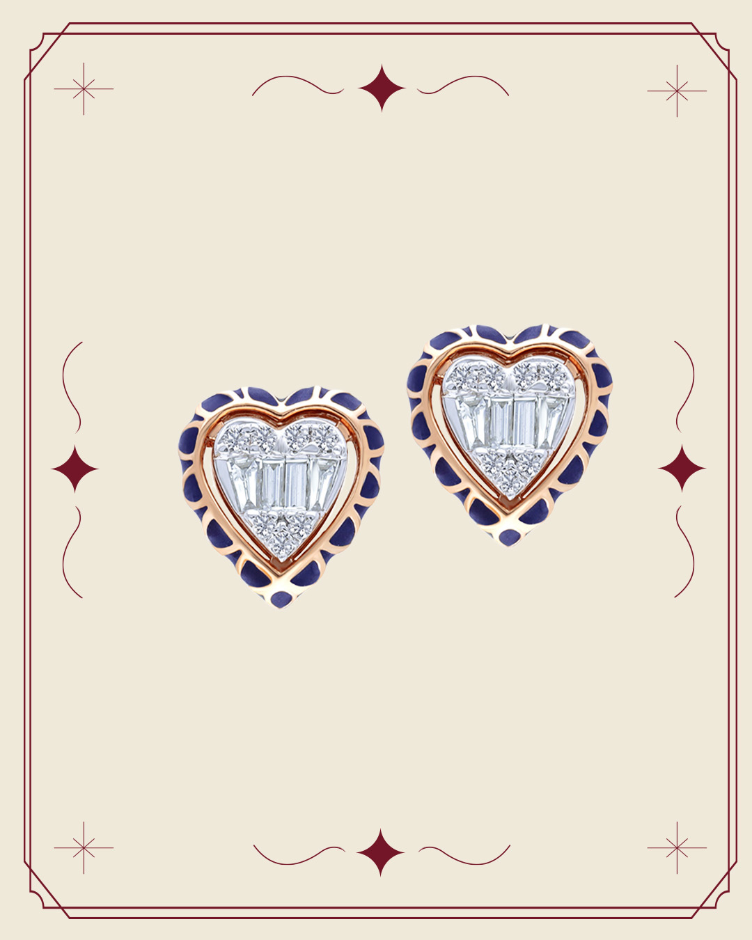 Heart-shaped diamond stud earrings with navy blue enamel detailing and gold setting.