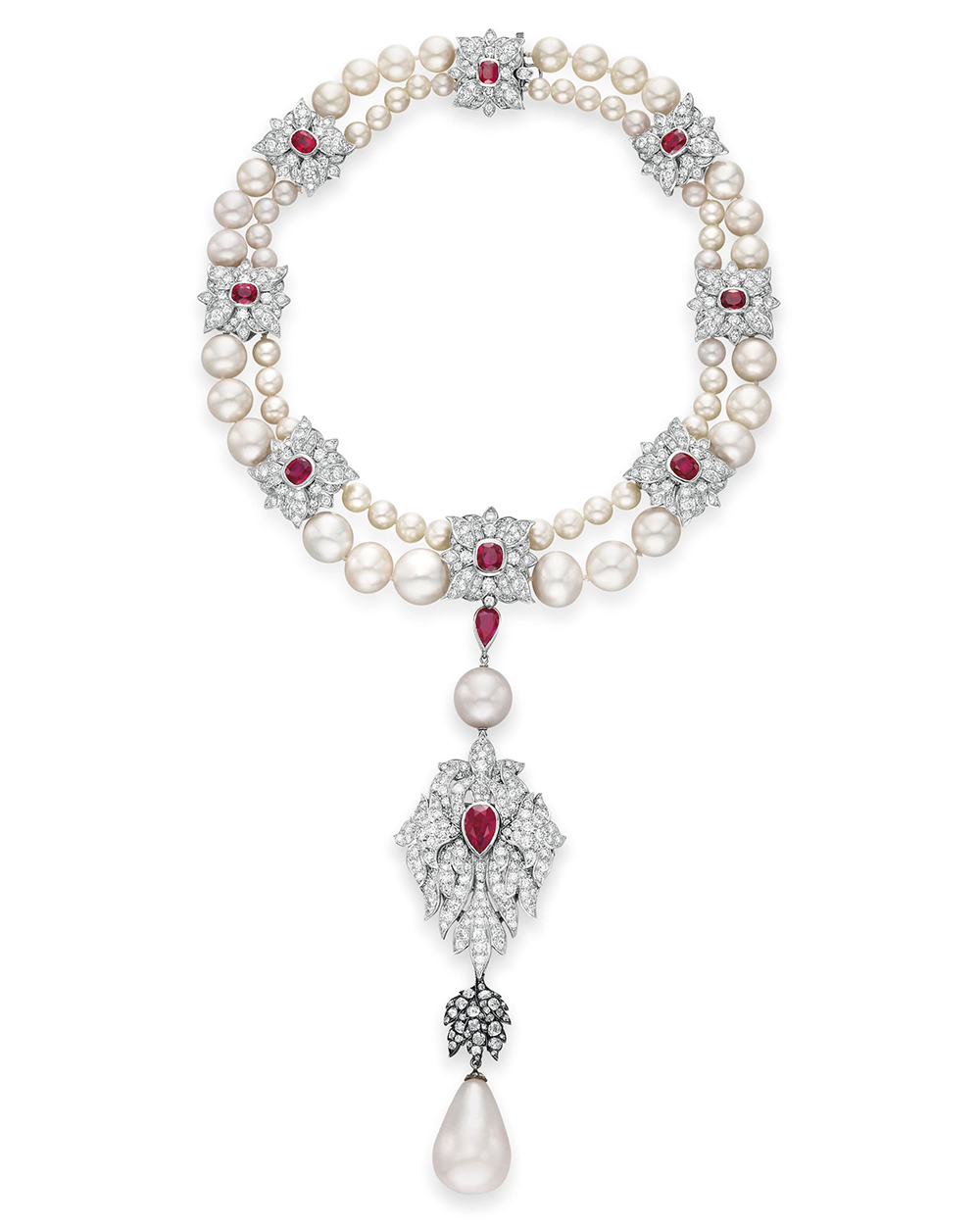 La Peregrina Pearl, Diamond, and Ruby Necklace by Cartier. (Courtesy of Christie's) 