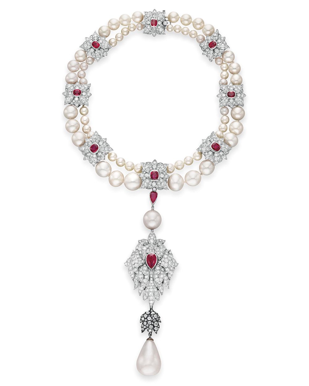 La Peregrina Pearl, Diamond, and Ruby Necklace by Cartier. (Courtesy of Christie's)