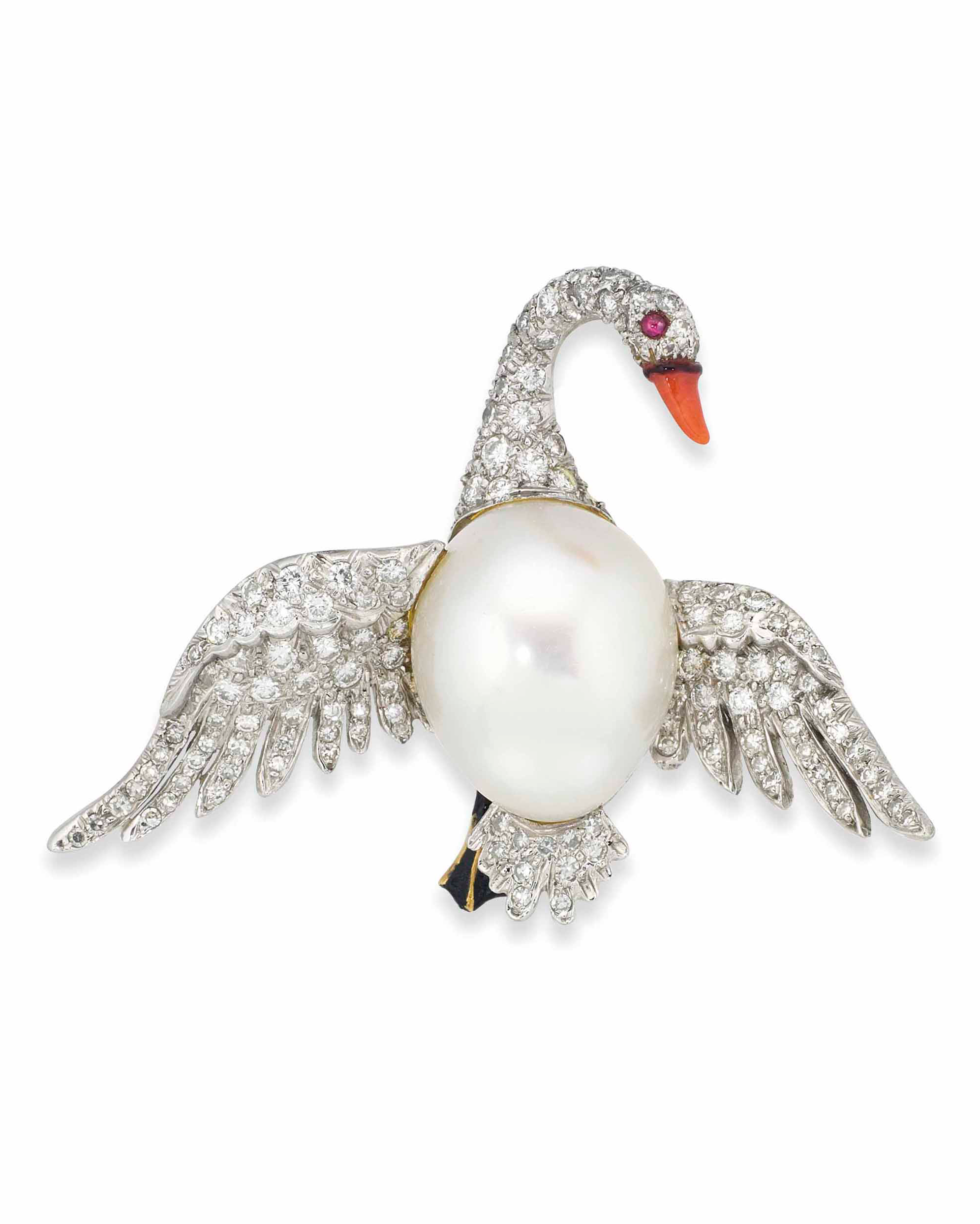 Verdura Pearl and Diamond Swan Brooch, similar to the one owned by Babe Pailey. (Courtesy of Sotheby's)