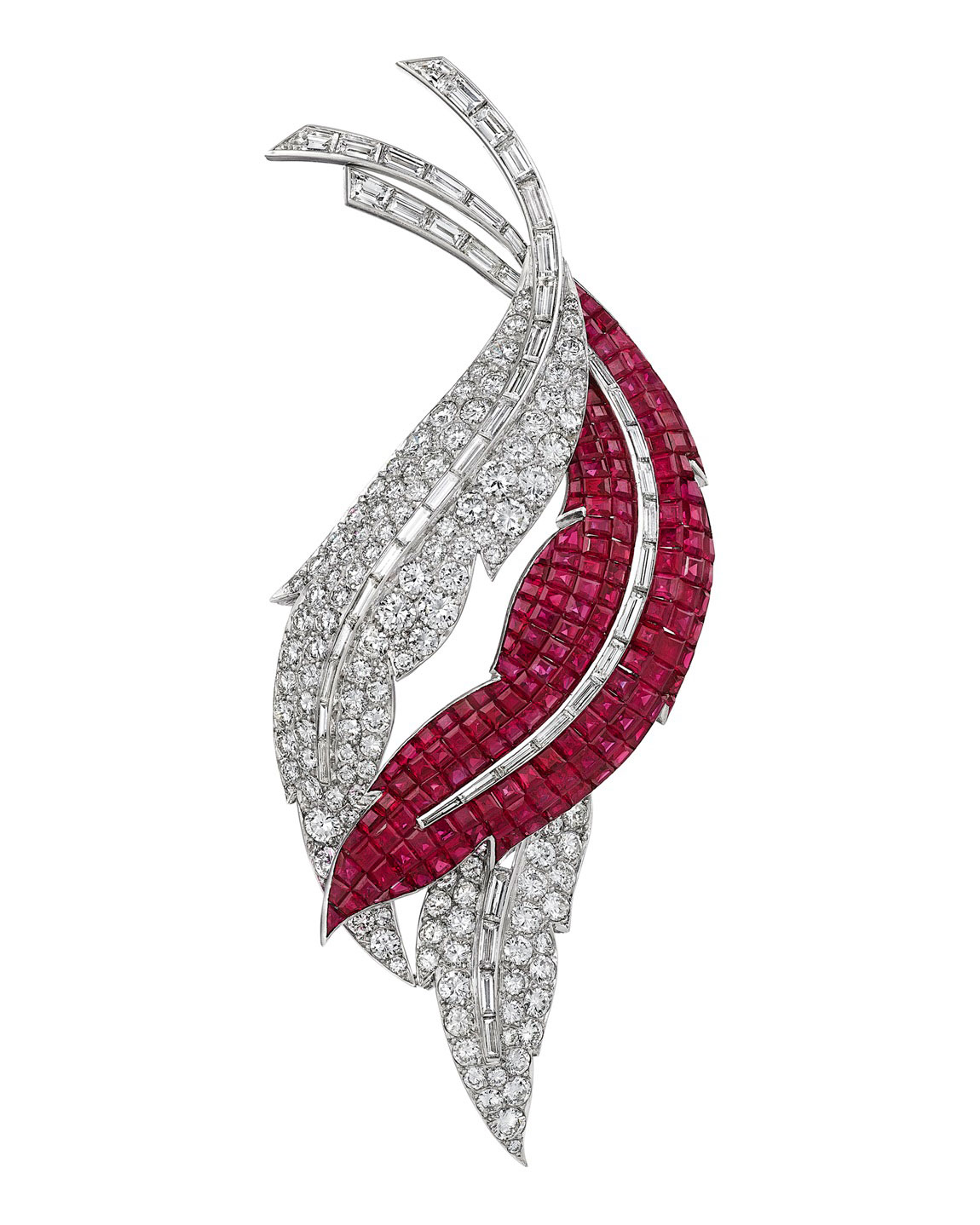 Van Cleef & Arpels ruby and diamond ‘mystery-set deux feuilles’ clip-brooch, c. 1965, similar to the clip designed for Wallis Simpson. (Courtesy of Christie's)