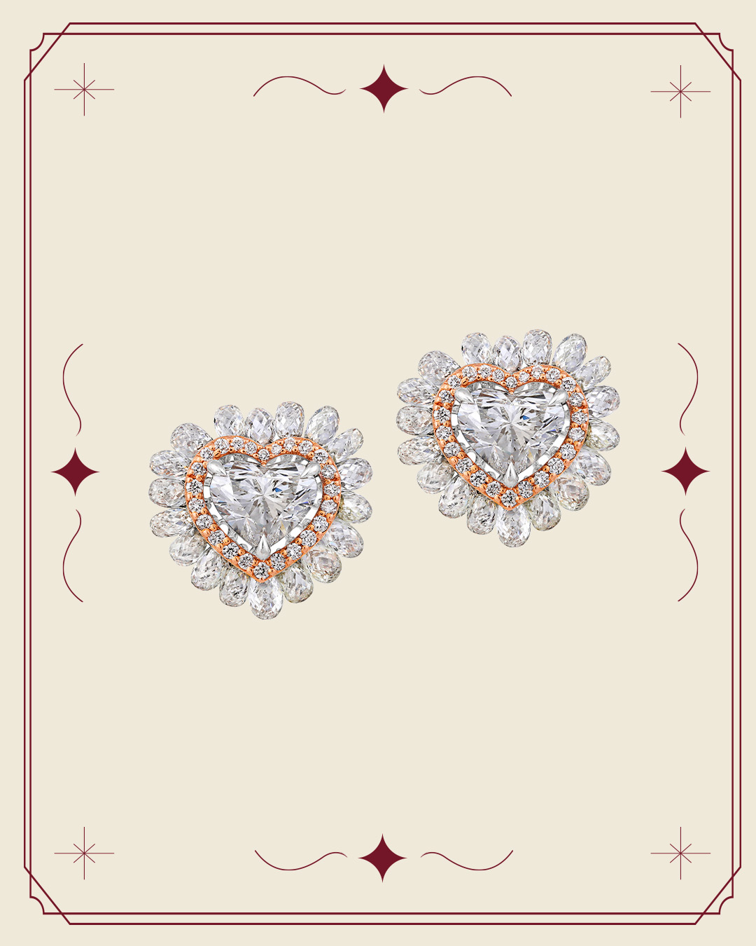 Heart-shaped diamond earrings surrounded by a halo of smaller diamonds in a mixed metal setting.