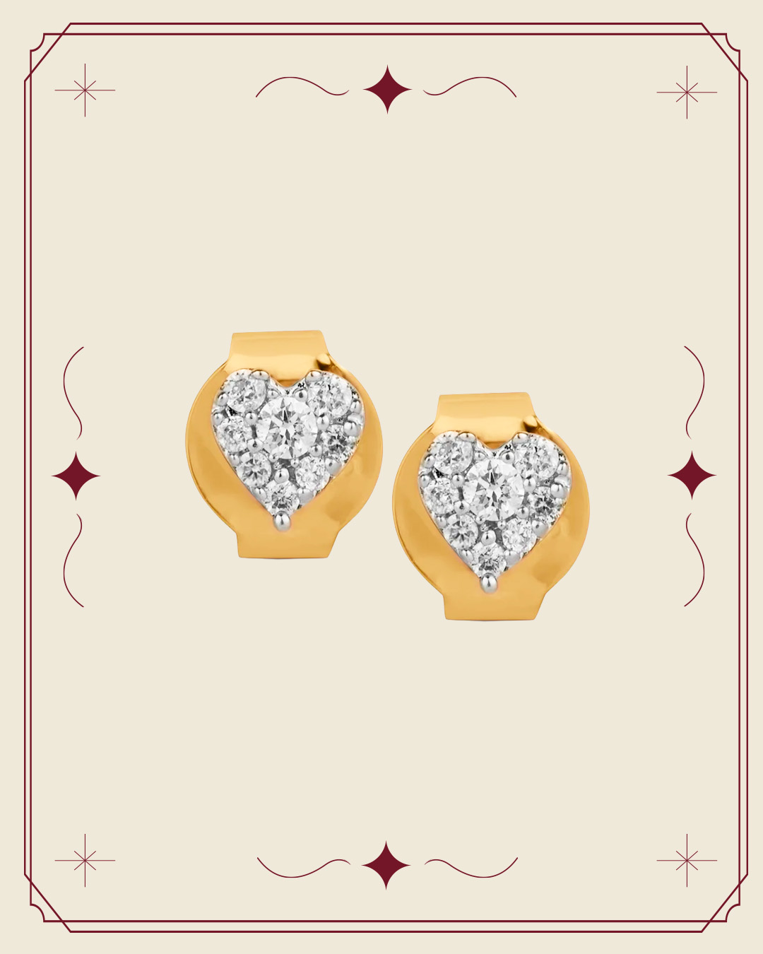 Gold heart-shaped diamond stud earrings with clustered diamonds.