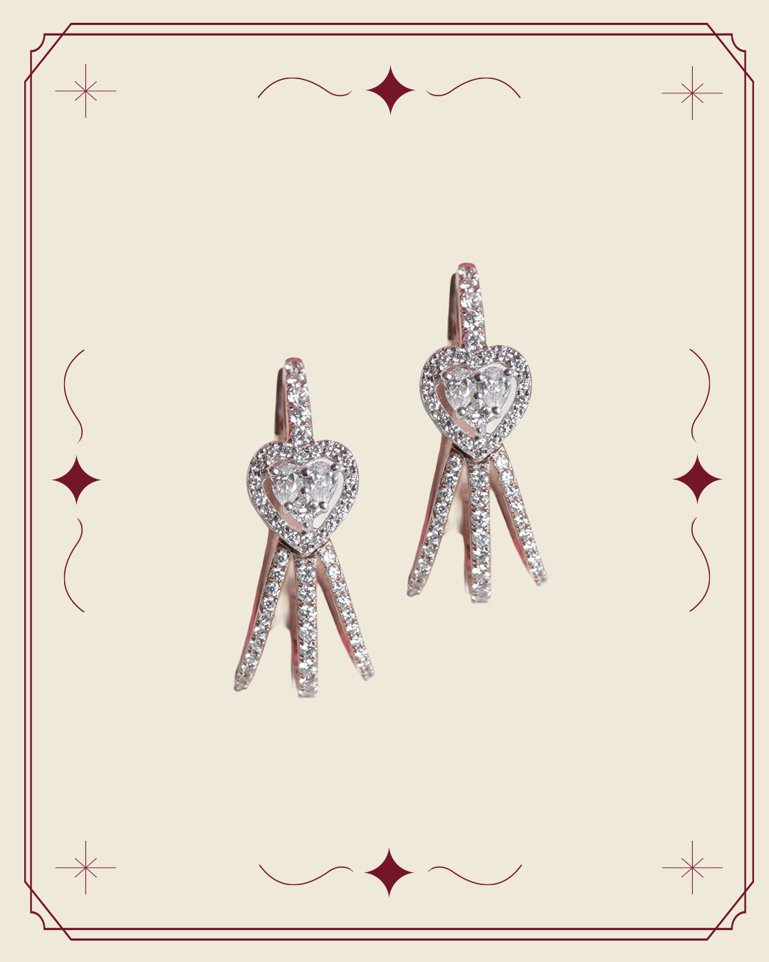 Dangling heart-shaped diamond earrings with multiple diamond-studded strands in rose gold.