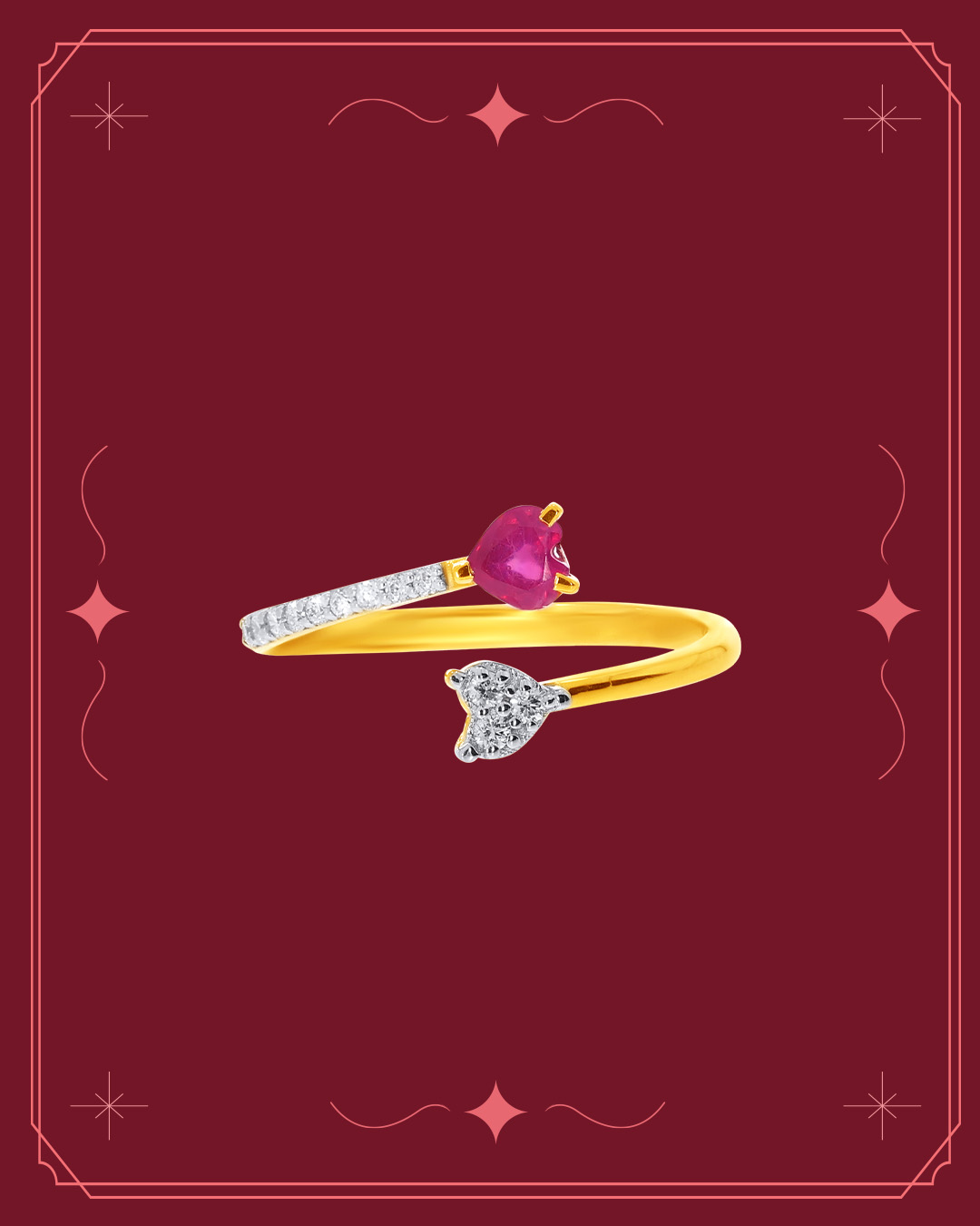 Gold ring with ruby and heart-shaped diamond
