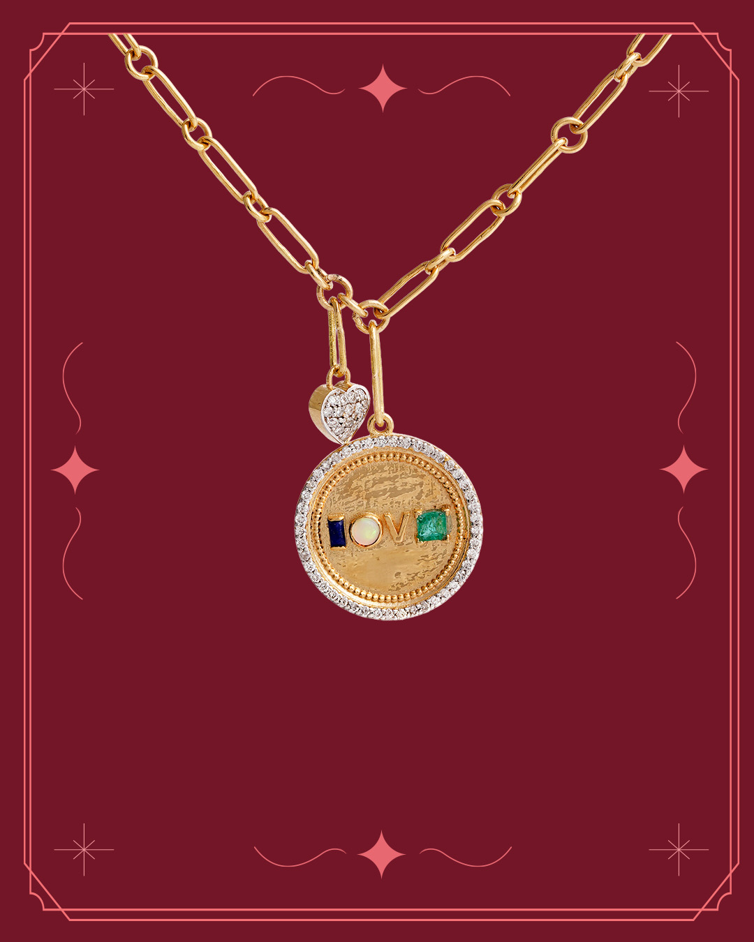 Yellow gold heart pendant with gemstone and diamond accents