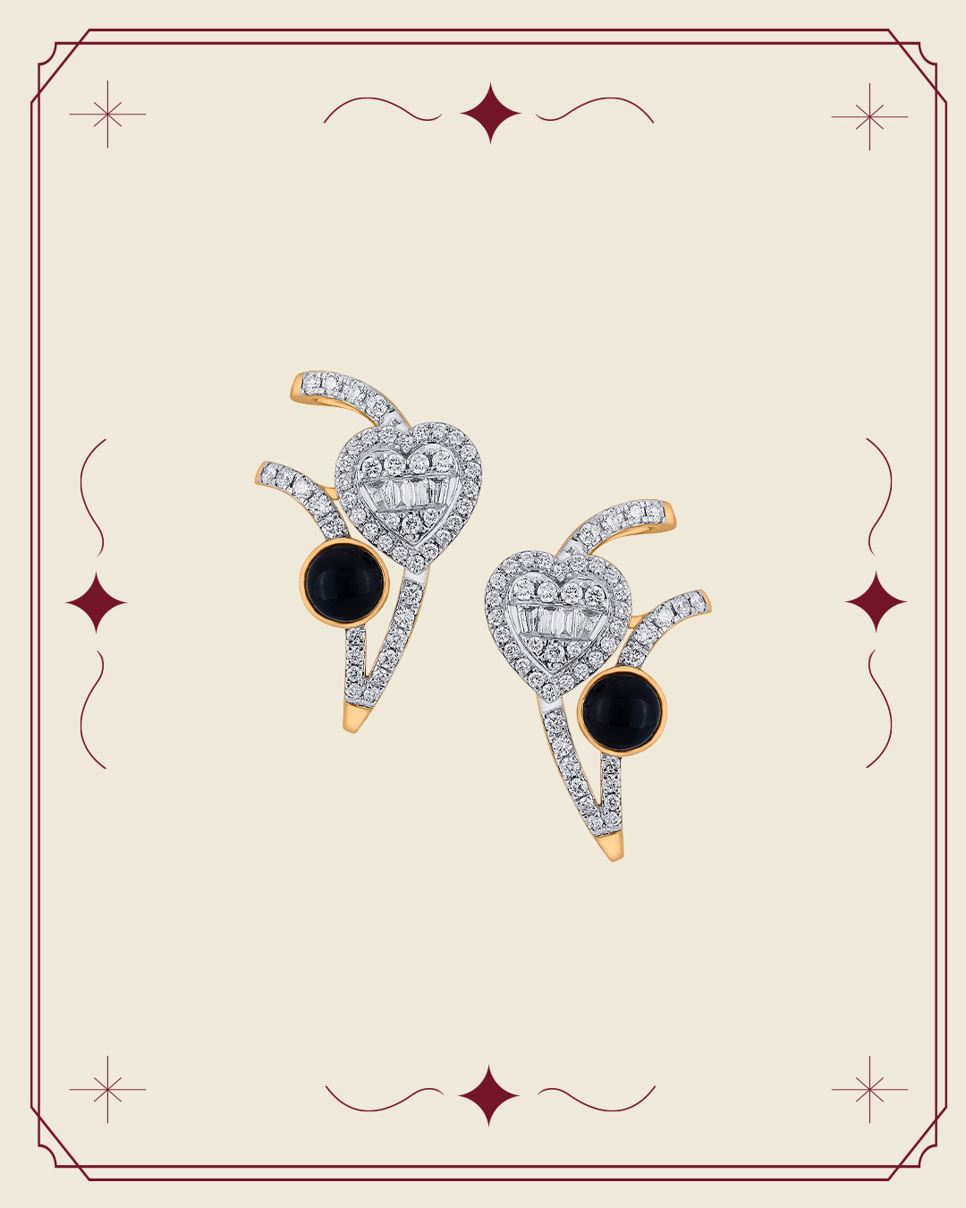 Heart-shaped diamond earrings accented with black onyx and diamond details in gold.