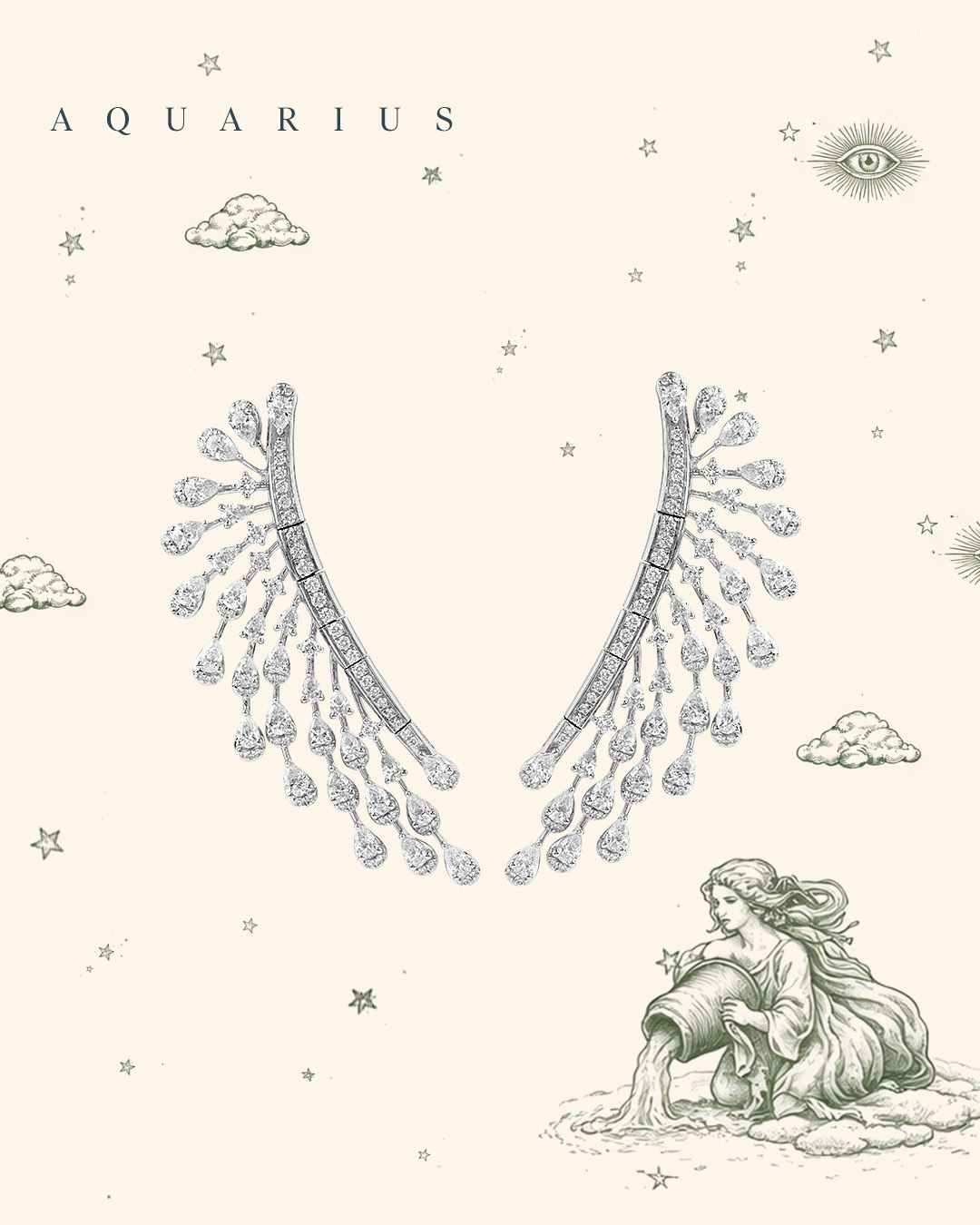 Diamond Ear Climbers for Aquarius zodiac sign