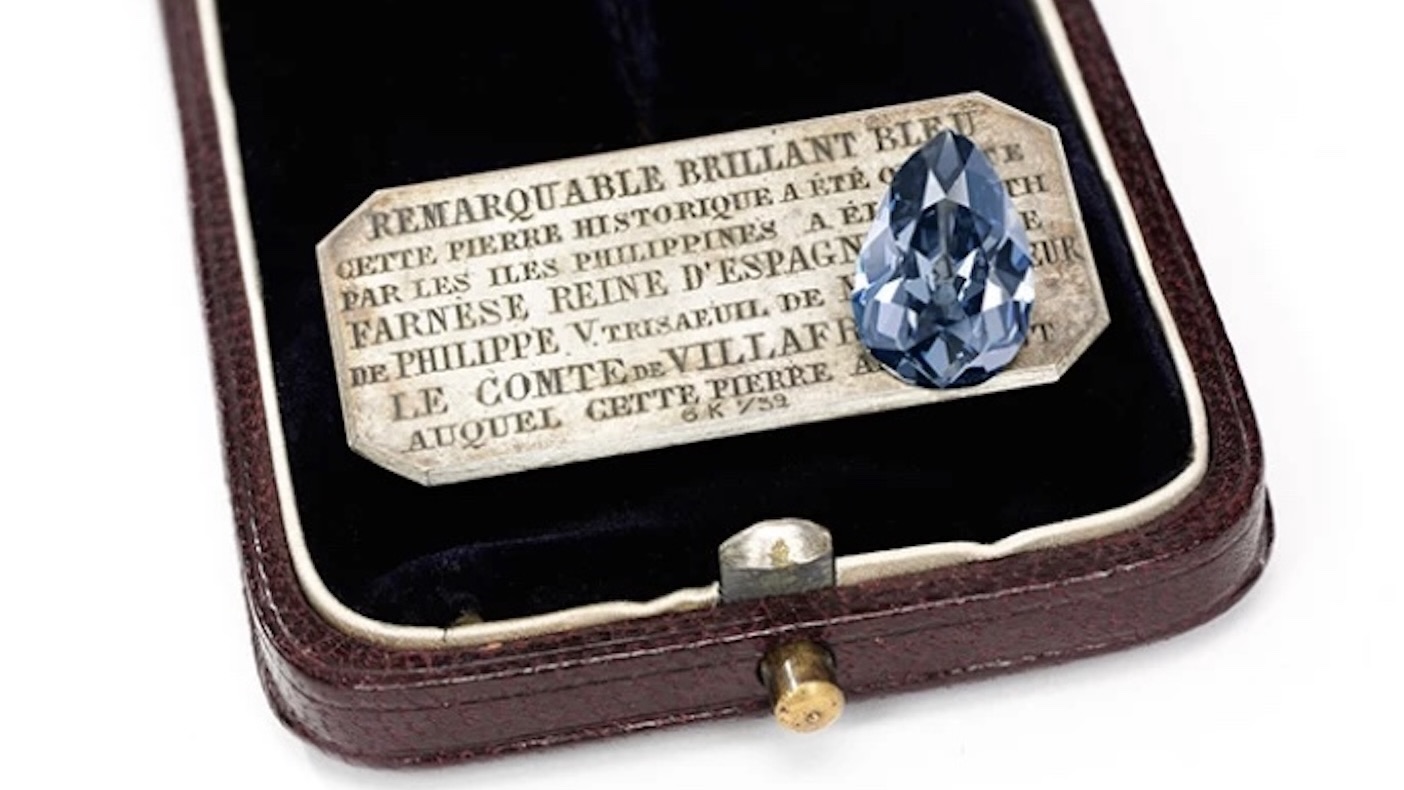 The Farnese Blue Diamond - a historic 6.16-carat pear-shaped  Fancy Dark Grey-Blue Diamond (Courtesy of Sotheby's Auction House)