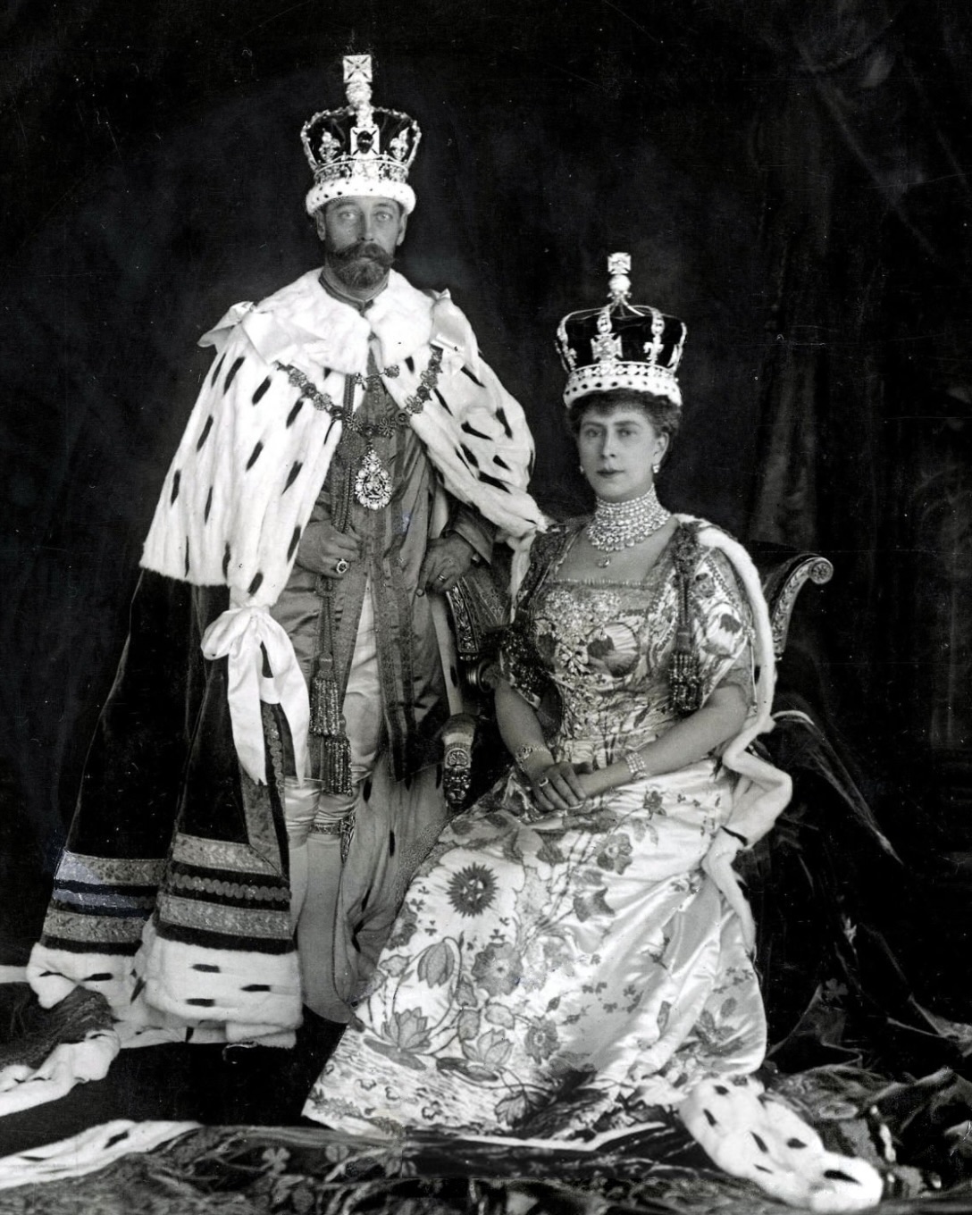 A formal portrait of King George V and Queen Mary in full coronation regalia in 1911. The coronation of George V and Mary would take place at Westminster Abbey in London on 22nd June 1911.