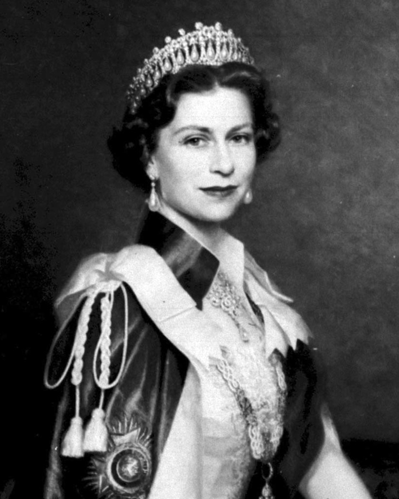 A portrait of Queen Elizabeth II painted for the Royal Military Academy, Sandhurst, by Leonard Boden. She is pictured wearing the Cambridge Lover's Knot Tiara. (Getty Images)