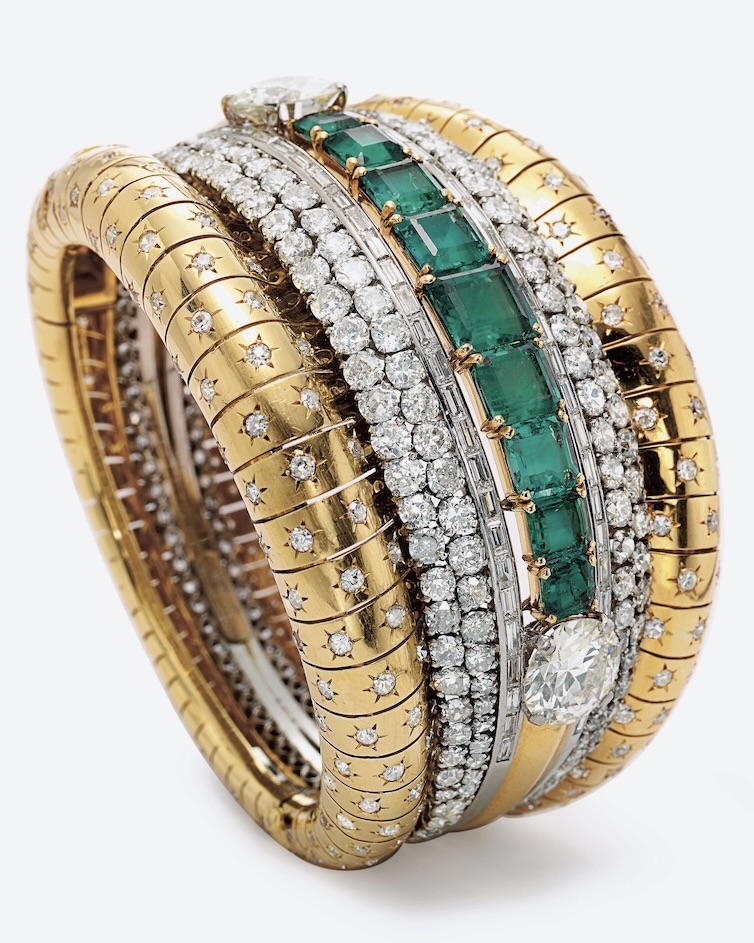 Claibourne Poindexter, Head of Christie’s Jewelry - Emerald, diamond, and gold cuff bracelet by Van Cleef & Arpels from the collection Ellen Barkin