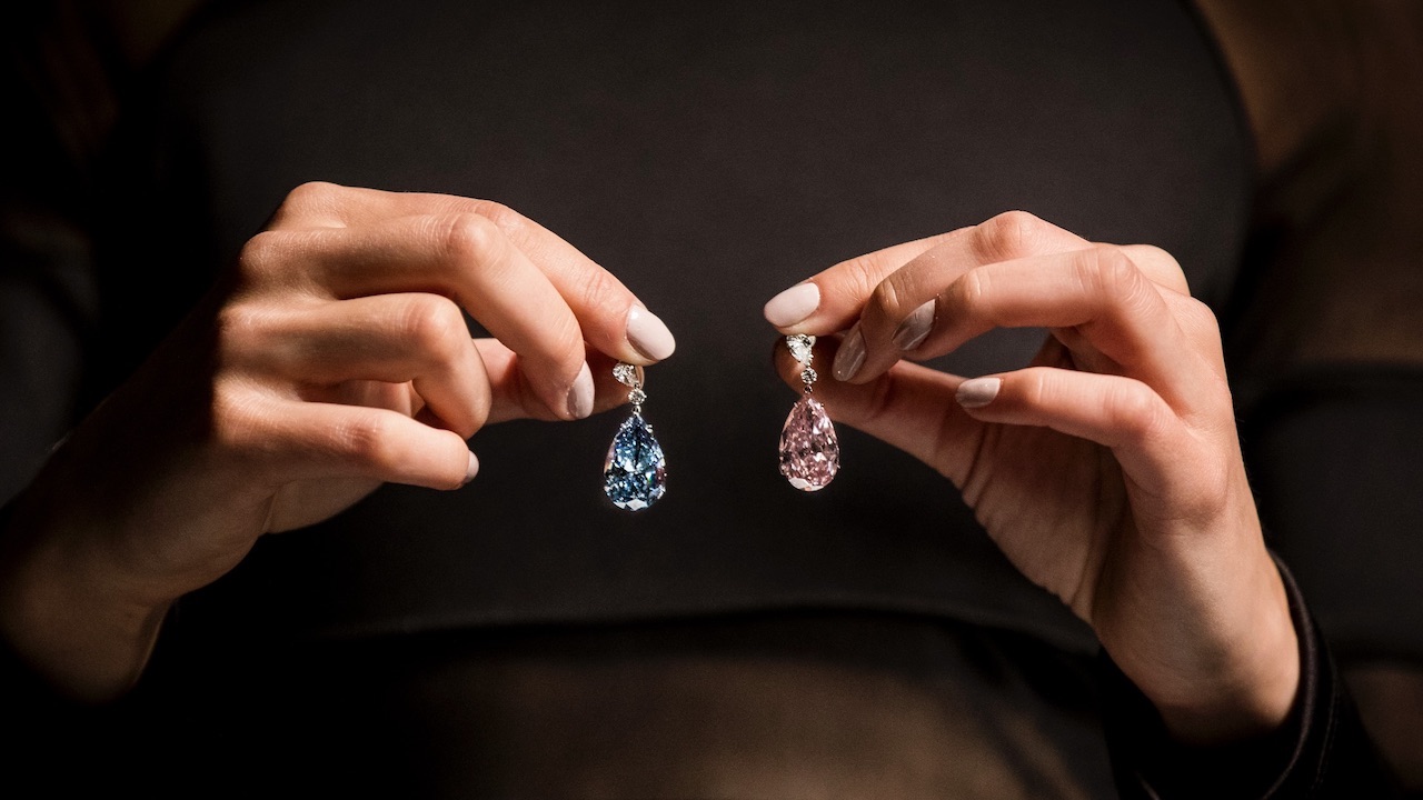 The Apollo and Artemis Diamonds, the most valuable earrings ever to appear at auction, were unveiled at Sotheby's on April 10, 2017, in London, England. 