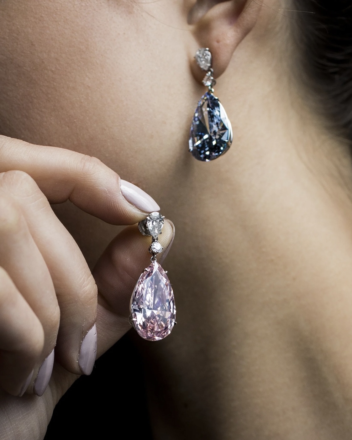 The Apollo and Artemis Diamonds, the most valuable earrings ever to appear at auction, were unveiled at Sotheby's on April 10, 2017, in London, England. 