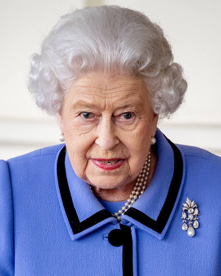 Queen Elizabeth II wears Queen Mary’s Women of Hampshire Brooch on October 24, 2018, in London, United Kingdom