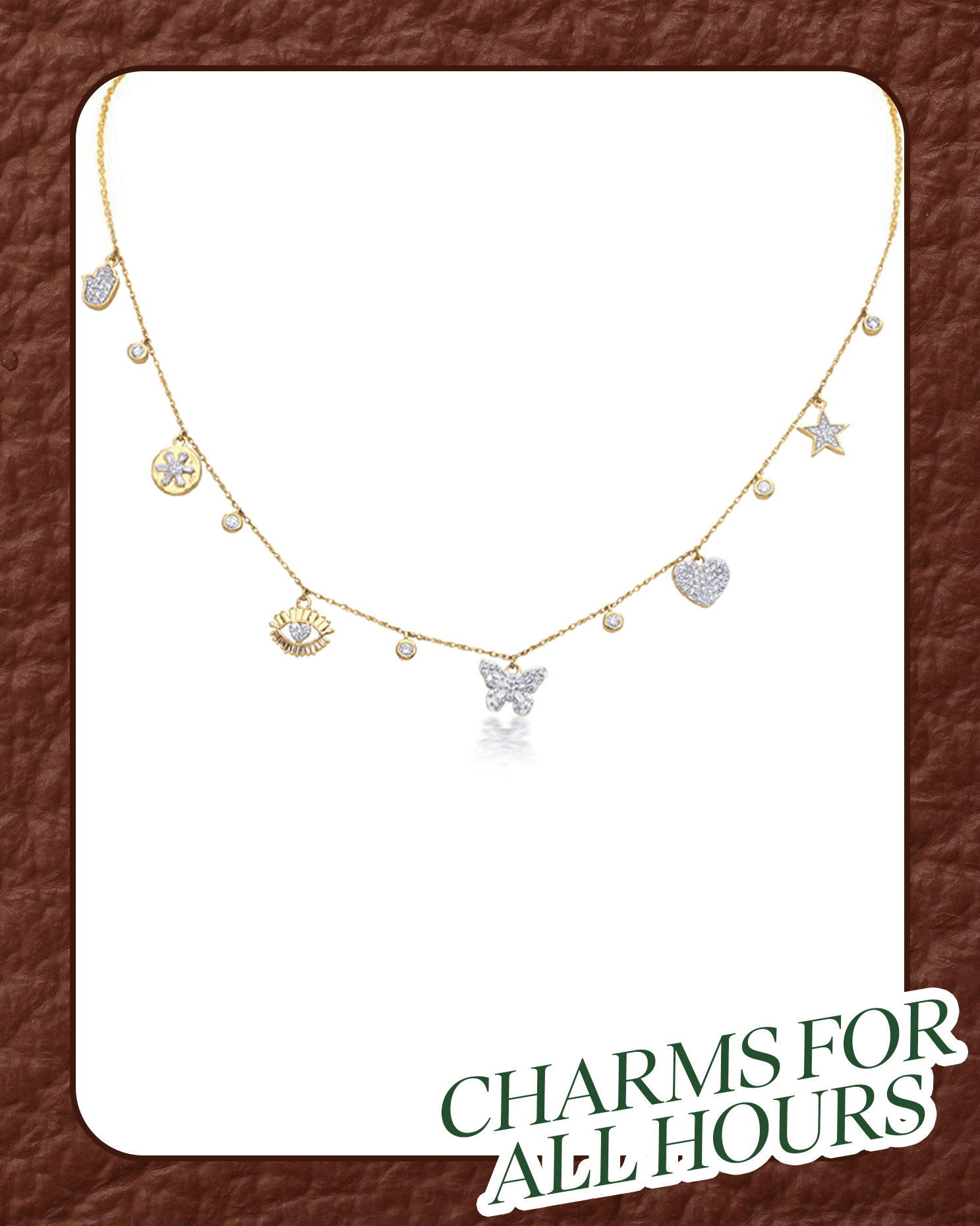Gold diamond necklace with charm accents